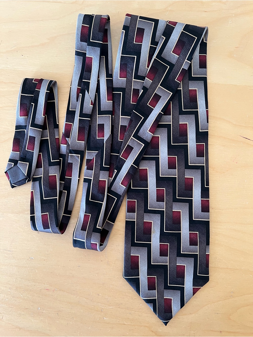 Joseph  Feiss Black And Burgundy Geometric Silk Tie
